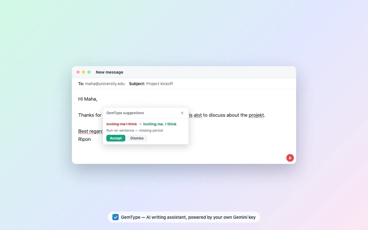 GemType suggestion card open on an underlined grammar mistake with a one-click Accept button