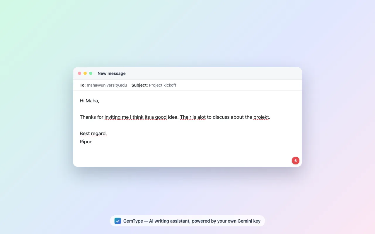 GemType underlining grammar and spelling mistakes live inside a browser text field, with an issue-count badge