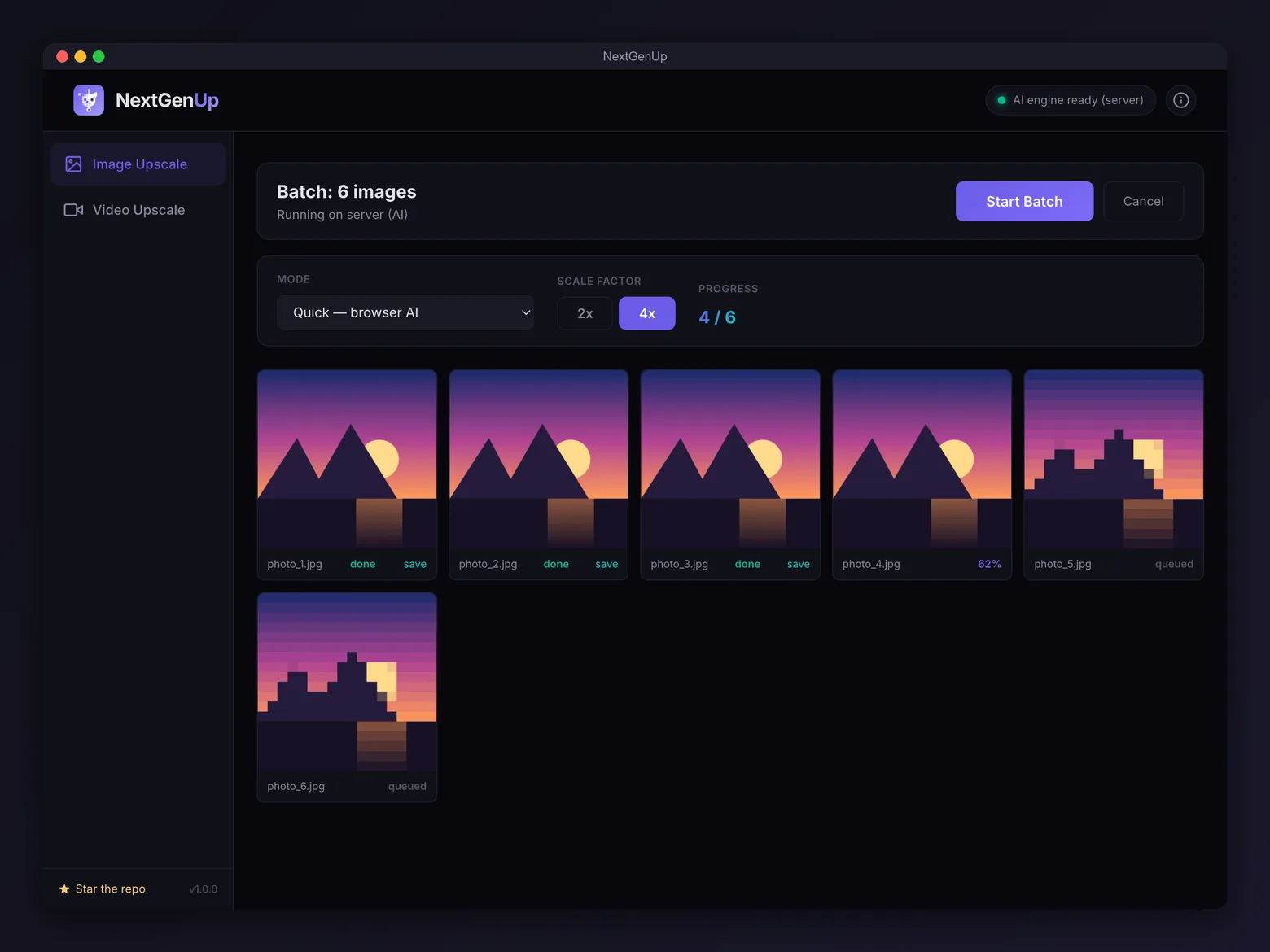 NextGenUp batch processing several images at once with individual progress indicators for each file